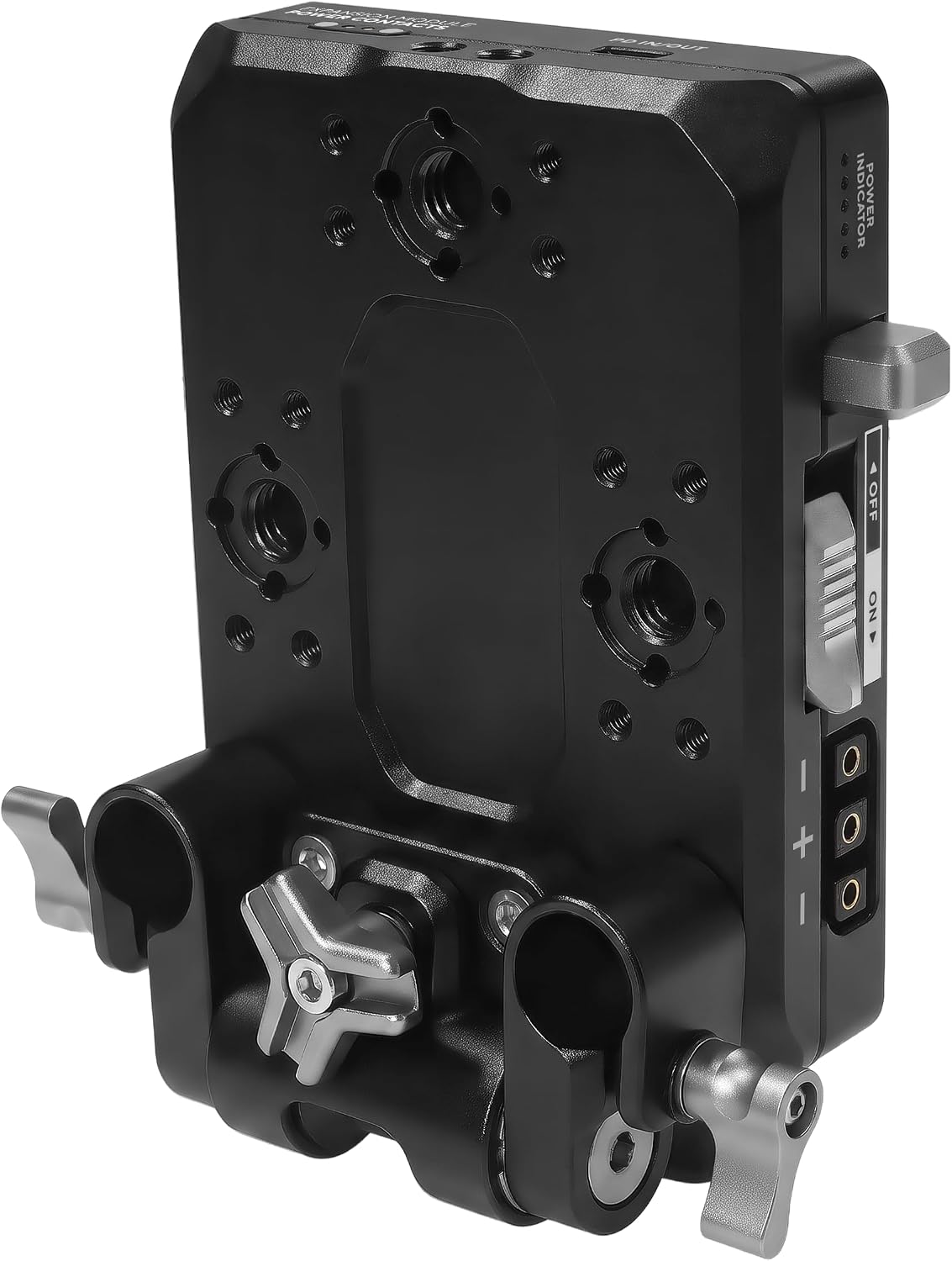 KONDOR BLUE | Pro V-Mount Battery Plate with Swivel 15mm Rod Clamp | USB-C PD in/Out, D-Tap Power Ports, Magnetic Expansion Contacts, ARRI Anti-Twist Mounts | Raven Black image 5