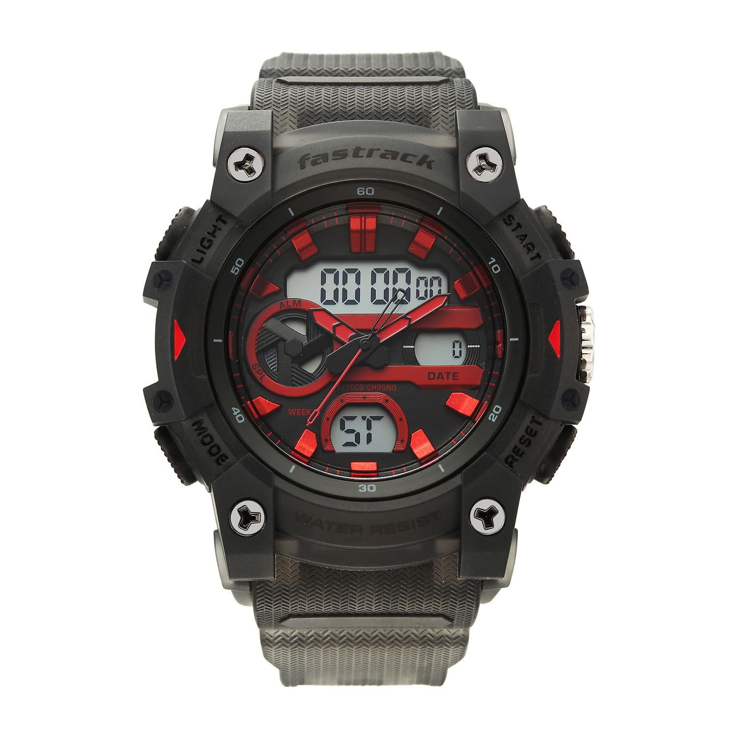 fastrack streetstyle 6.0 with analog digital black dial black polyether strap watch for men - 38134pp01w