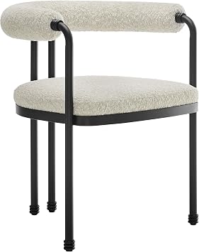 Modway Turin Boucle and Metal Dining Chair in Black Pearl Upholstered Modern Barrel Armchair with Open Design Curved Back Accent Chair
