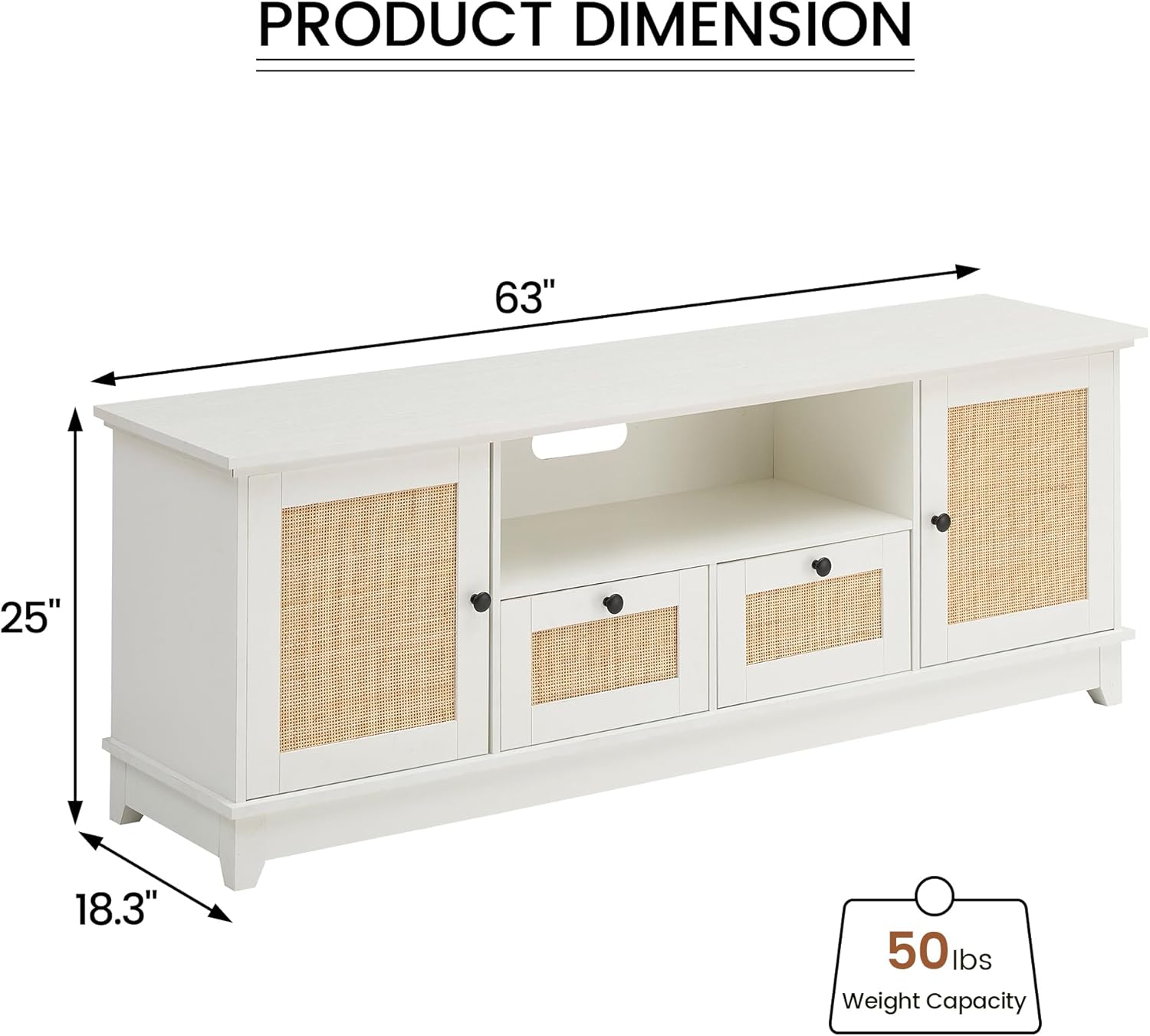 IDEALHOUSE Rattan TV Stand for 65+ Inch TV, Boho Entertainment Center with Storage Drawer and Open Shelves, TV Console Cabinet with Adjustable Shelf, for Living Room, Bedroom, White