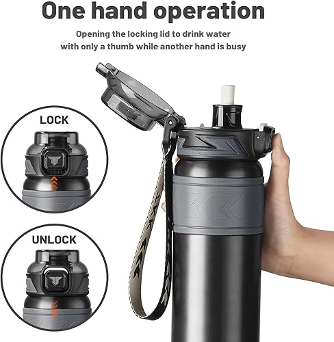 Miniatura 9 de TKK Botella de agua aislada de 30 oz con pajilla, termo de acero inoxidable de doble pared al vacío con correa, reutilizable de metal para bebidas
