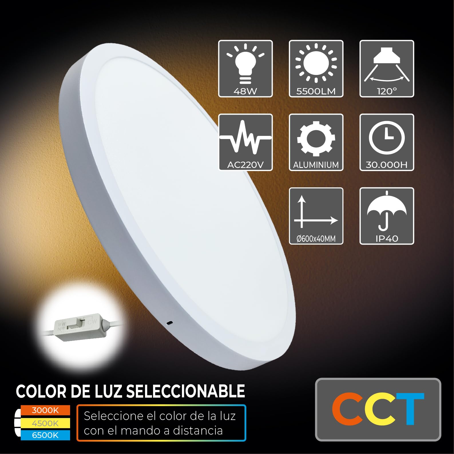 LED ATOMANT Plafon LED Superficie 60cm 48W CCT 3000-6500K 5500lm | Con Selector de color CCT, Driver incluido