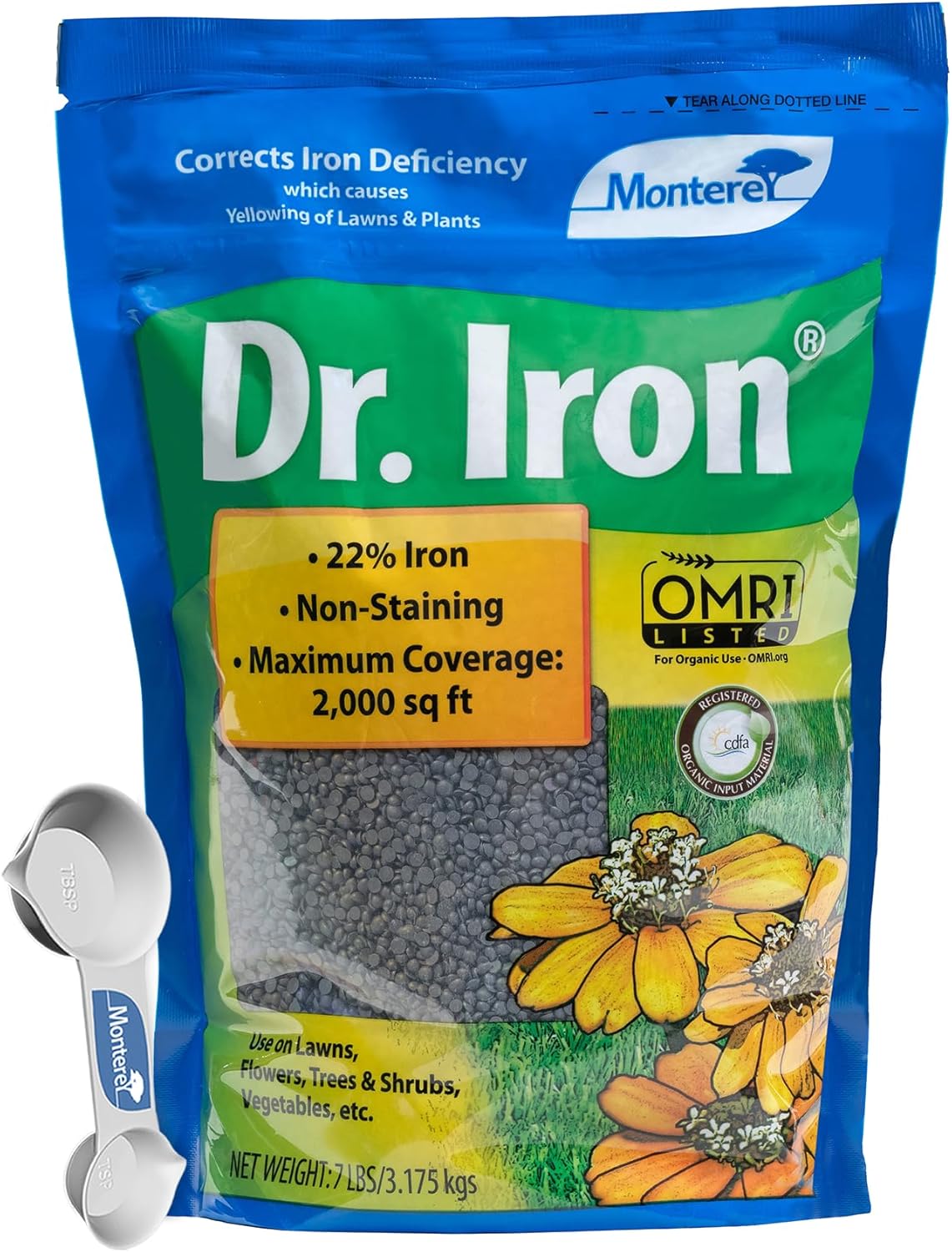 Monterey Dr. Iron 22% Iron Supplement – OMRI Listed for Organic Gardening Bundled with Garden Measure Spoon – Non-Staining, Non-Burning Formula – for Lawns, Gardens & Potted Plants - 7 lbs
