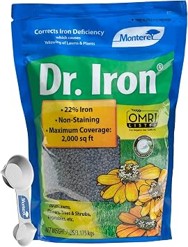 Monterey Dr. Iron 22% Iron Supplement OMRI Listed for Organic Gardening Bundled with Garden Measure Spoon Non-Staining, Non-Burning Formula for Lawns, Gardens & Potted Plants - 7 lbs