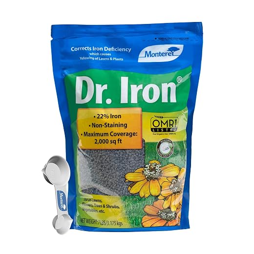 Monterey Dr. Iron 22% Iron Supplement – OMRI Listed for Organic Gardening Bundled with Garden Measure Spoon – Non-Staining, Non-Burning Formula – for Lawns, Gardens & Potted Plants - 7 lbs