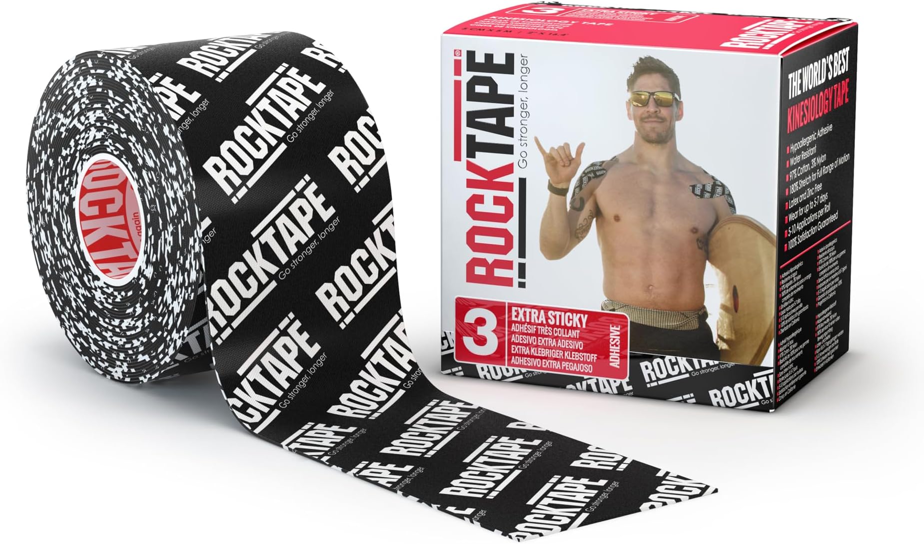 RockTape H20 Extra Sticky Kinesiology Tape, Elastic & Adhesive Tape, Muscle Recovery, Bl