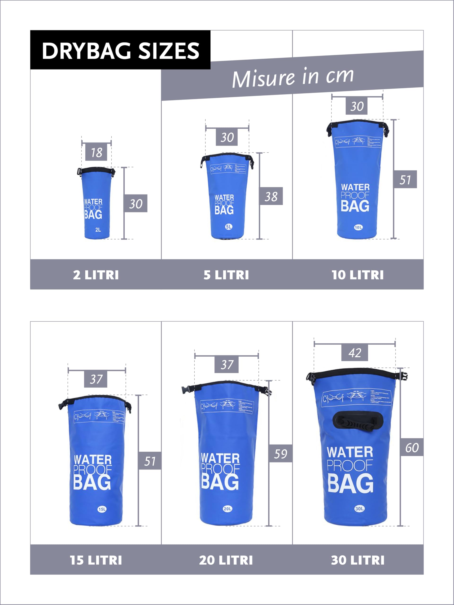 DonDon Dry Bag Borsa Impermeabile da 2l, 5l, 10l, 15l, 20l, 30l con Tracolla
