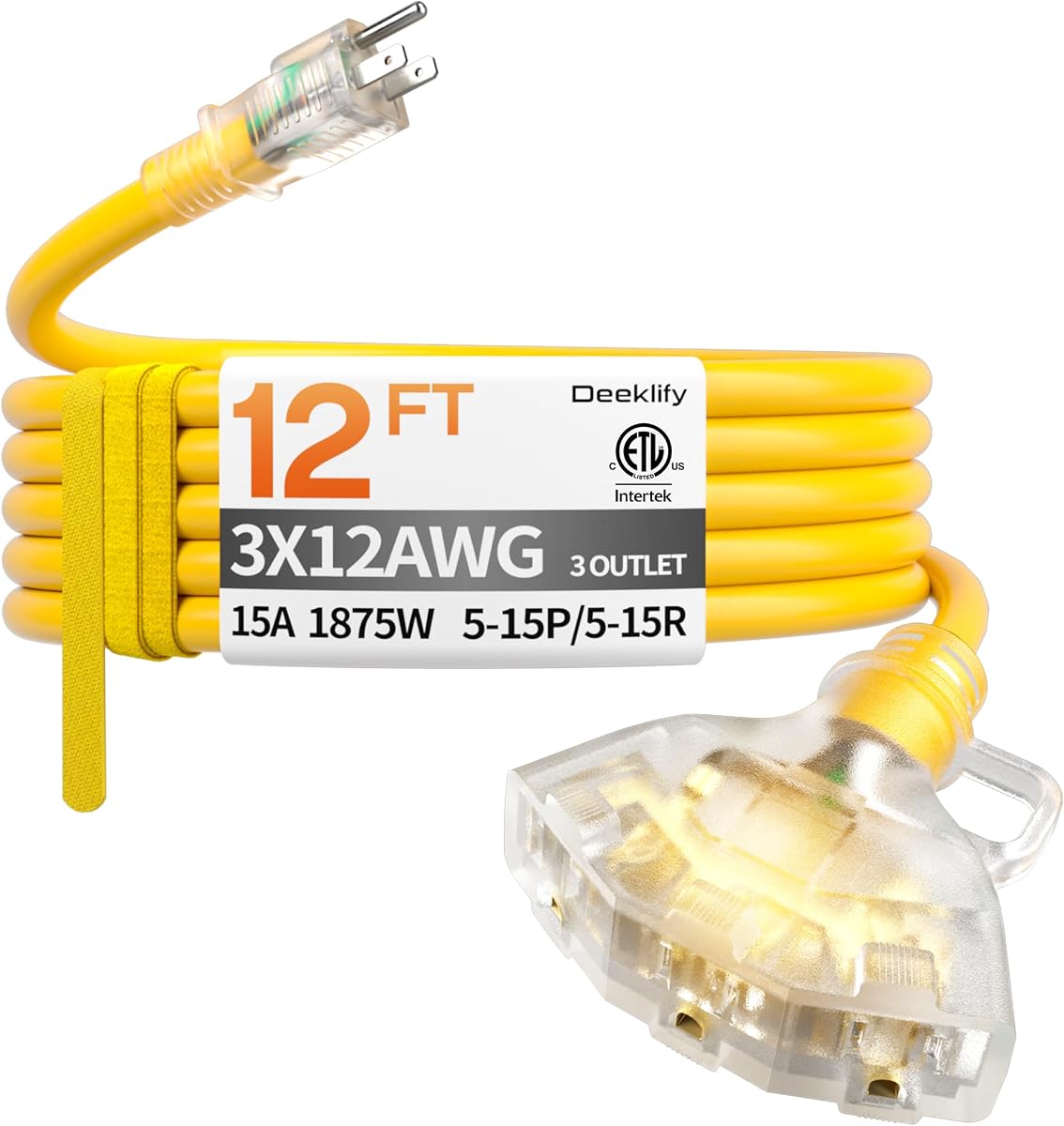 12 FT 12 Gauge Heavy Duty Extension Cord with Multiple Outlets | 12 Feet 3 Outlet Yellow Extension Cord Heavy Duty, Indicator, Flexible Waterproof SJTW, 15A 1875W, ETL Listed, Home/Garden