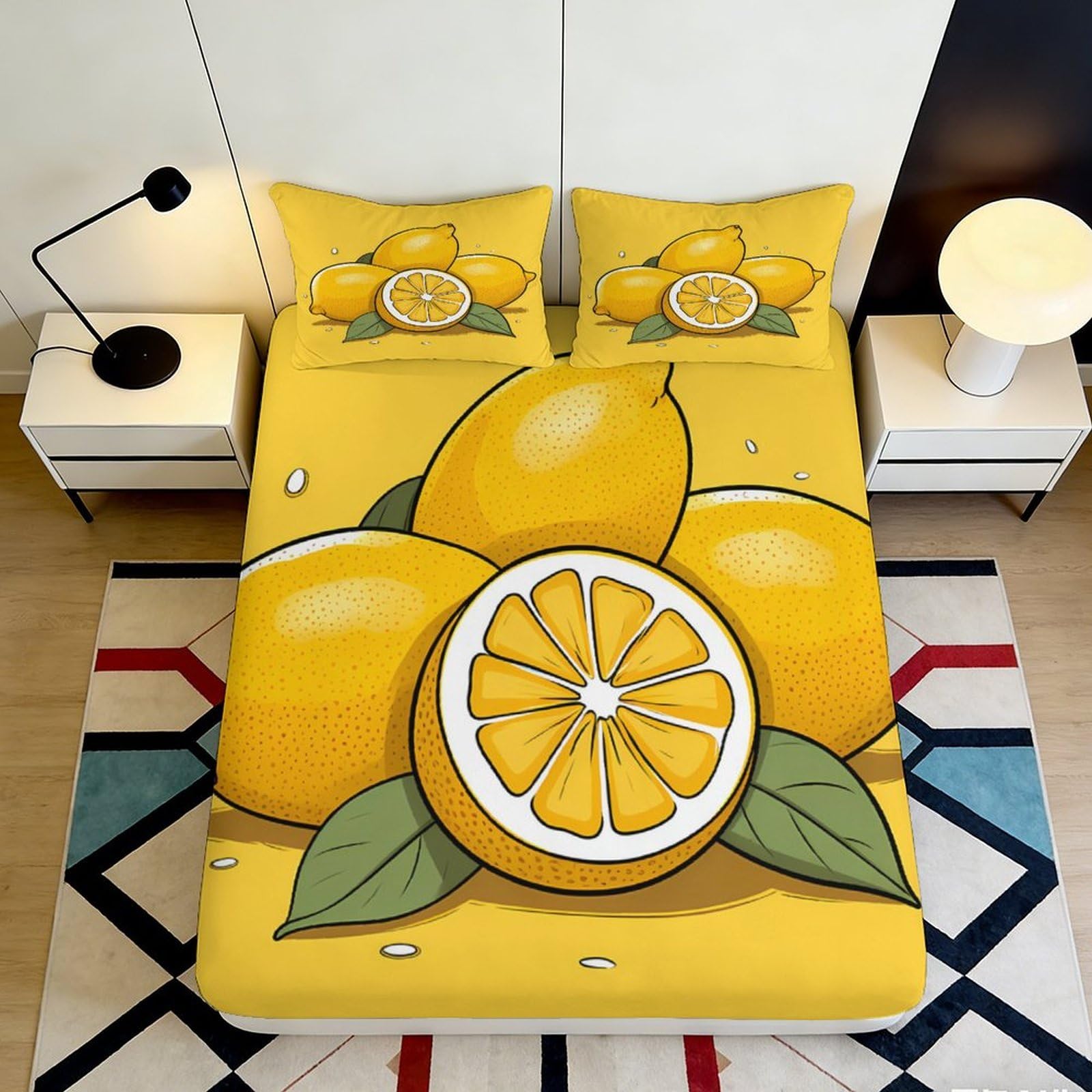 3D Printed Lemon Fruit Fitted Sheet Microfiber Soft Yellow Citrus Slice Bed Cover for Bedroom Guest Room Decor Protection 90x200x25cm