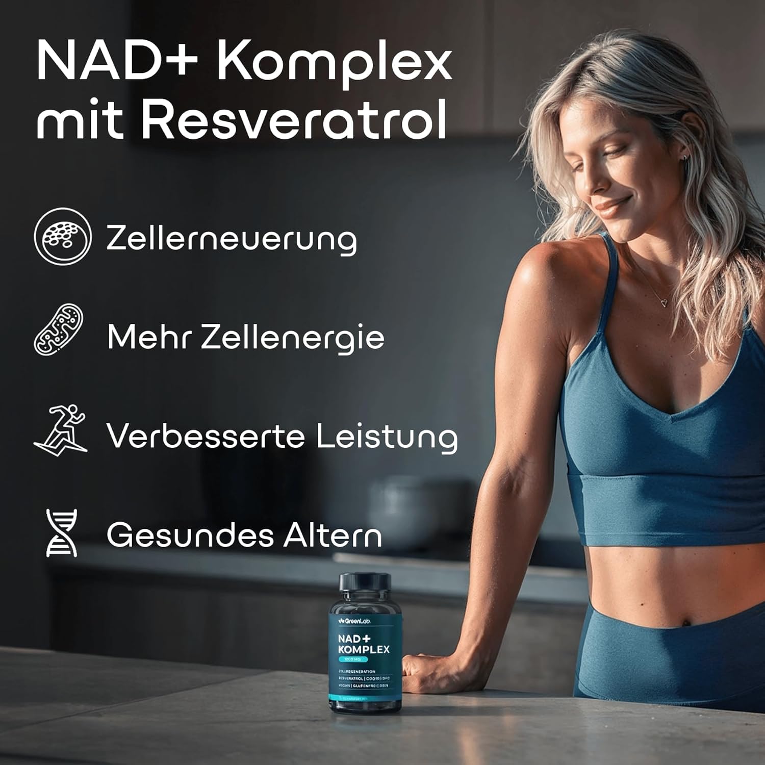 Green Lab NAD+ Komplex 1200 mg – Extra Starkes Liposomal NMN-Alternative Supplement mit Resveratrol, CoQ10, Alpha-Liponsäure, Astaxanthin – Für Frauen & Männer – Energie, Zellschutz & Anti-Aging