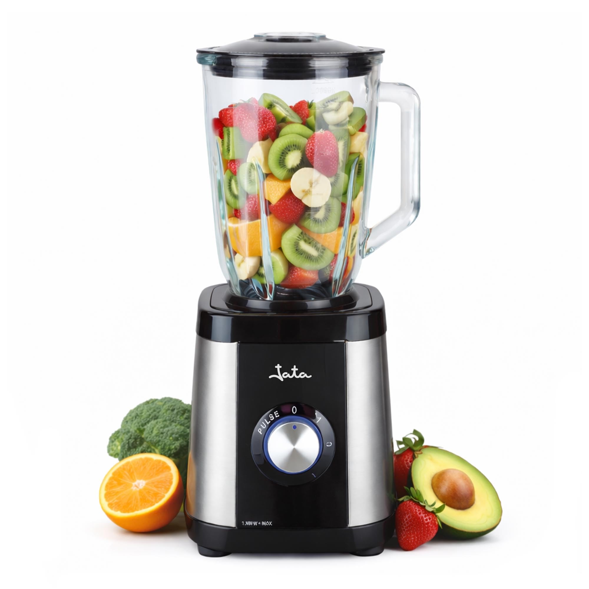 Jata BT604N – 1300 W Glass Blender with 1.5 L Glass Jar, Ice Pick, 2 Speeds + Pulse, Stainless Steel Blade, Stainless Steel Body, 17,000 RPM