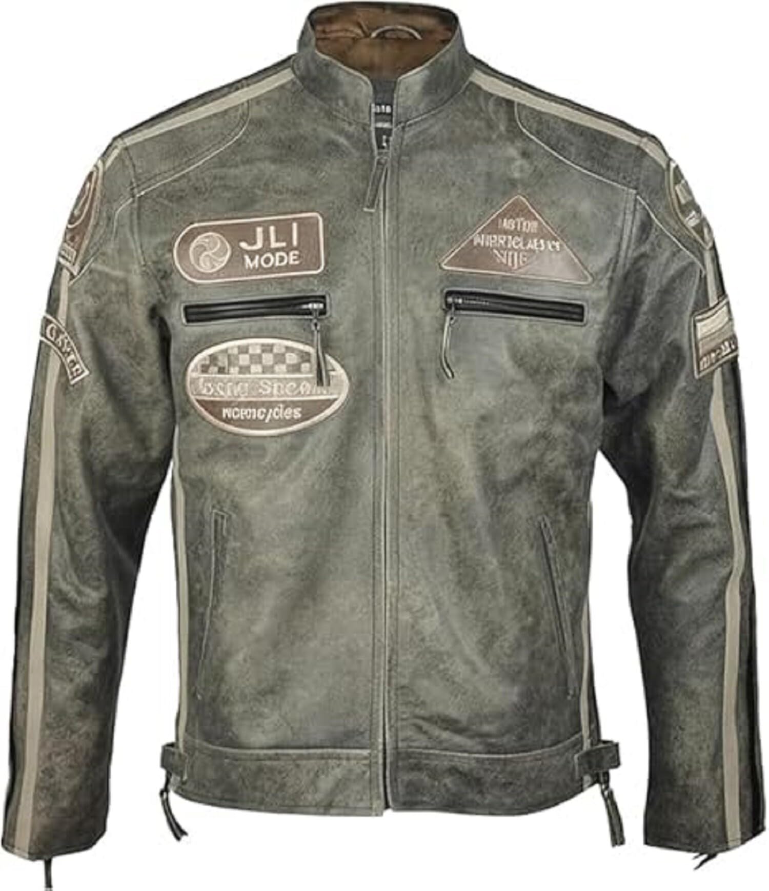 Chaqueta de cuero gris envejecida para hombre, estilo retro, estilo motero, ropa de abrigo