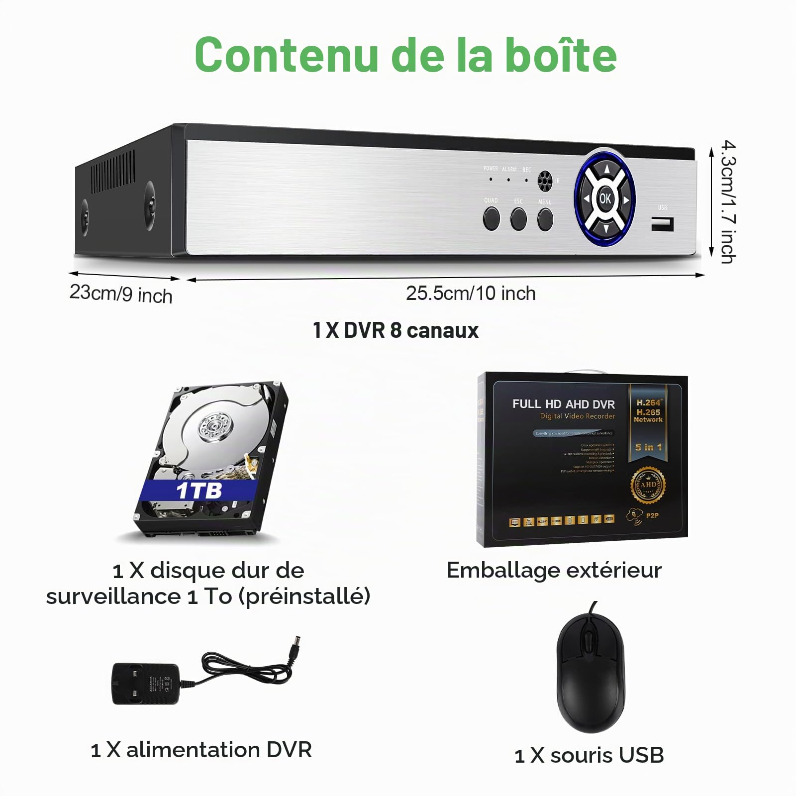 Enregistreur DVR 8 canaux 5 MP H.265+ avec détection humaine AI, 8 canaux hybrides 6 en 1 CCTV DVR pour caméra de surveillance, prend en charge les caméras analogiques et IP 8 canaux, application