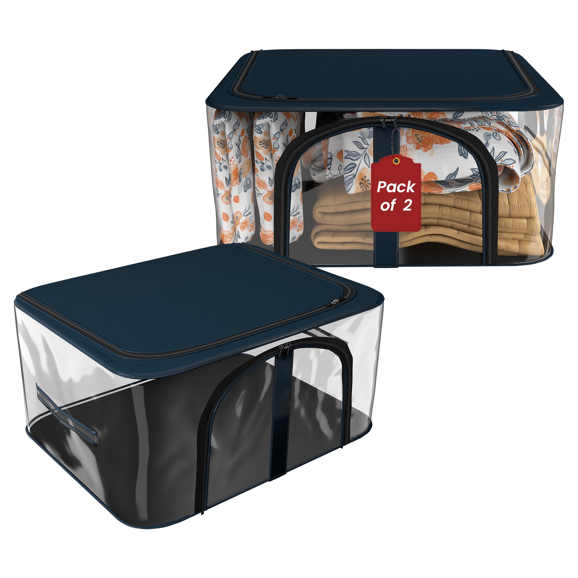Kuber Industries Pack of 2 Pvc Transparent Zip Lock Saree Organizer for Wardrobe with Handles | Dress Storage Bag for Lehenga, Gown & Shawl | Bedsheet & Clothes Organiser for Storage | Navy Blue