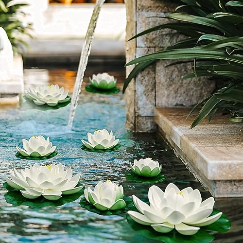Miniatura 5 de WhistenFla 16 flores flotantes artificiales para piscina, 7 y 4 pulgadas, almohadillas de lirio de agua falsas, flores de loto, decoraciones