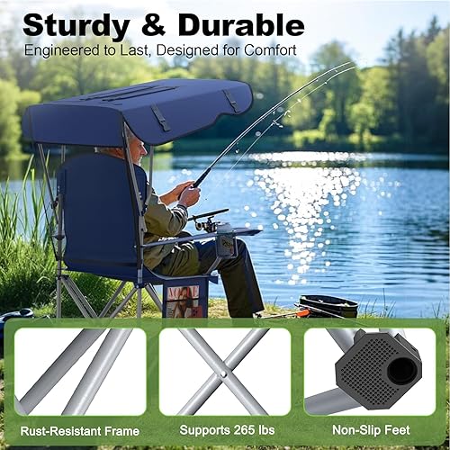 Miniatura 6 de Silla de camping portátil con dosel, silla plegable con toldo, silla Oxford 600D duradera para camping, playa, picnic, pesca y deportes