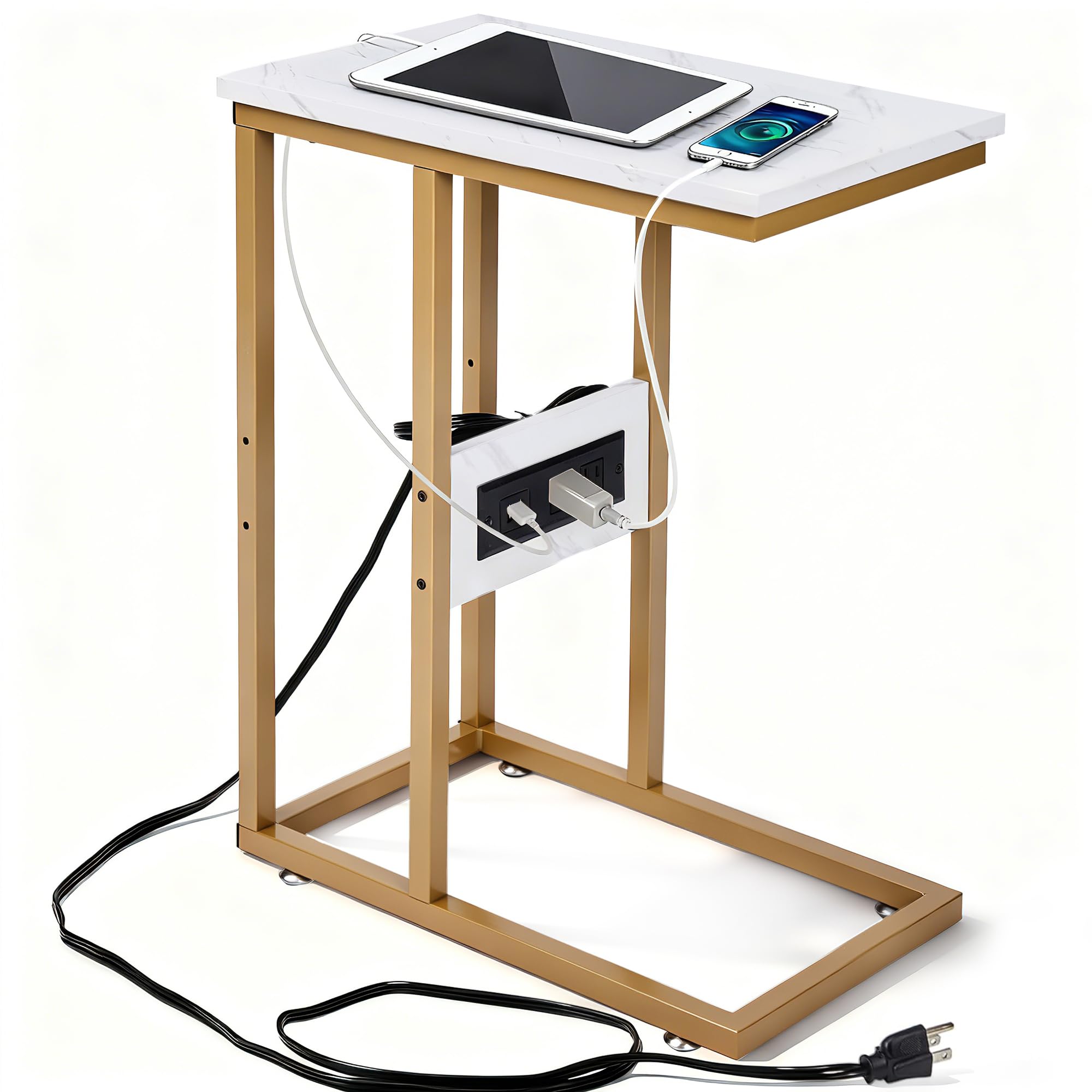 VECELO C-Shaped End Side Table with Charging Station & 2 USB Ports and Outlets for Living Room, Bedroom, with Adjustable Feet for Couch Sofa, Bedside,