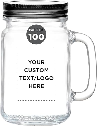 Discount Promos Libbey Handle Mason Jars - Juego de 100 tarros con tapas, 16 onzas, texto personalizado, logotipo, estilo tradicional, bebida, disponible en Yaxa Peru