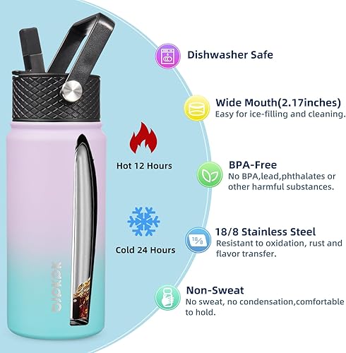 Miniatura 2 de BJPKPK Paquete de 2 botellas de agua aisladas con tapas con pajilla, botella de agua de metal de acero inoxidable de 18 onzas con 6 tapas, a prueba