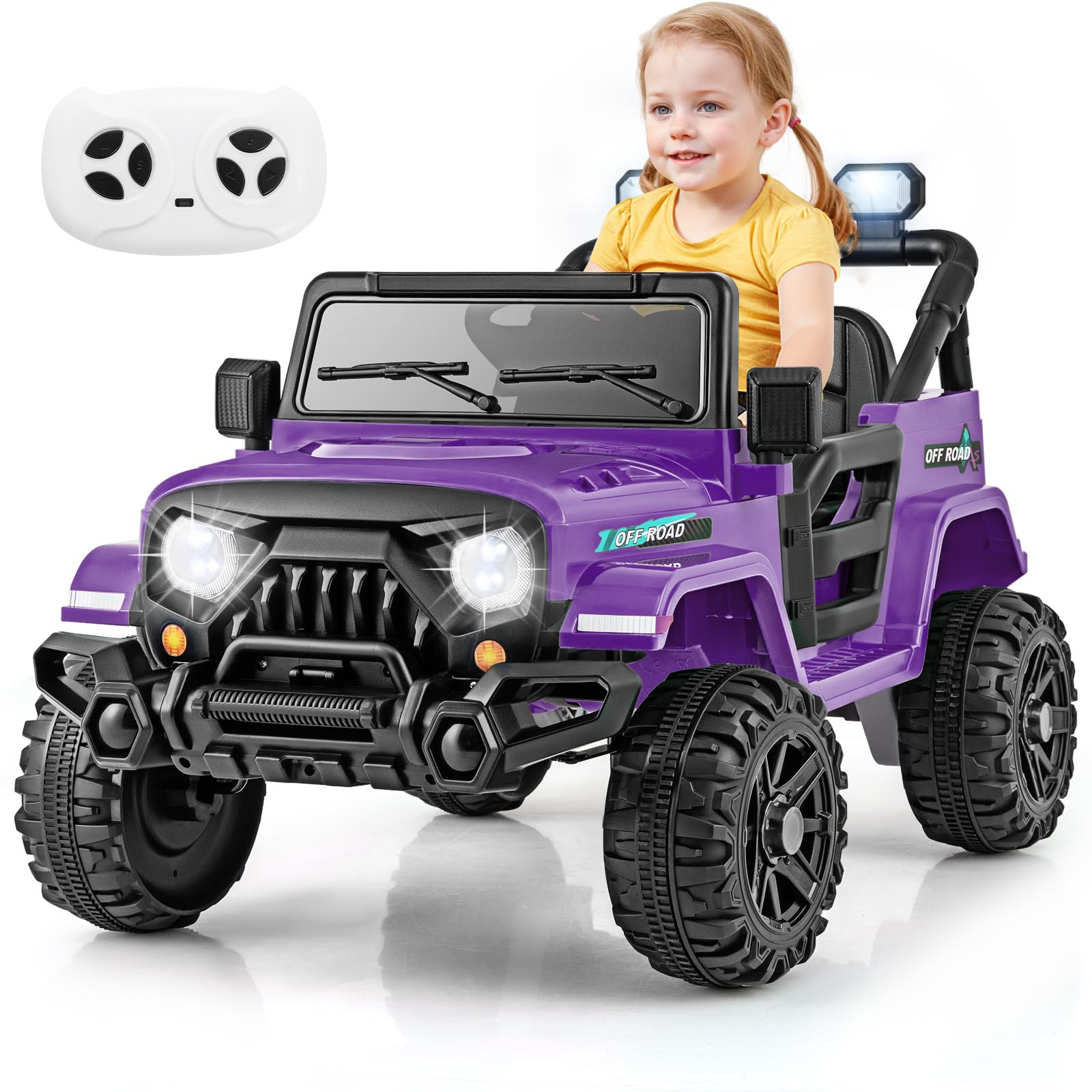 COSTWAY 12V Kids Ride on Car, 2 Motors Electric Off Road Truck with Remote Control, LED Lights, Music, Horn & Wireless Connection, Battery Powered Ride on Toy for Boys Girls (Purple)