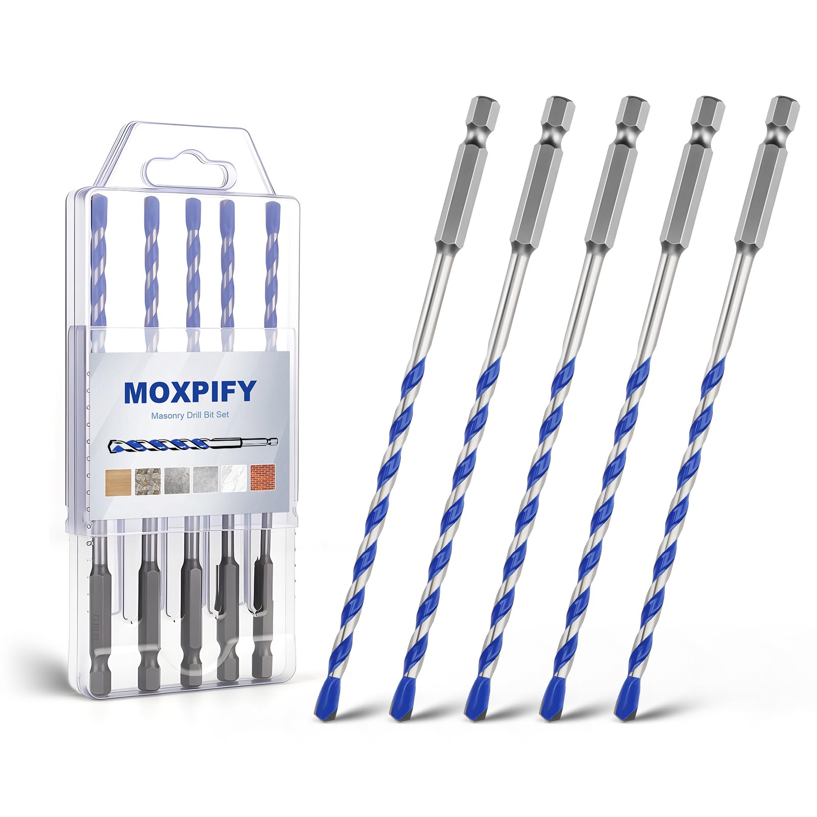 MOXPIFY 5pcs 5mm Masonry Drill Bit 150mm Extra Long, Tungsten Carbide Tip Concrete Drill Bits for Brick Wall Tile Porcelain (5mm x 150mm x 5, Hex Shank)