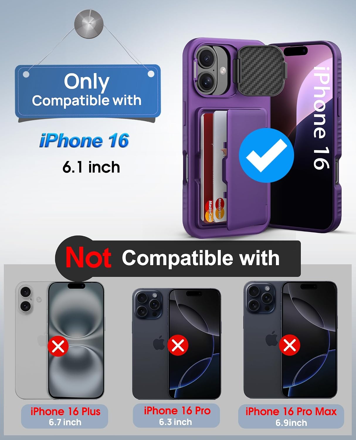 BXYJY for iPhone 16 Case with Camera Cover Kickstand, Built-in Credit Card Holder (4-5 Cards), Military Grade Protection, Heavy Duty Hard Women Men Protective Wallet Case for iPhone16, Dark Purple
