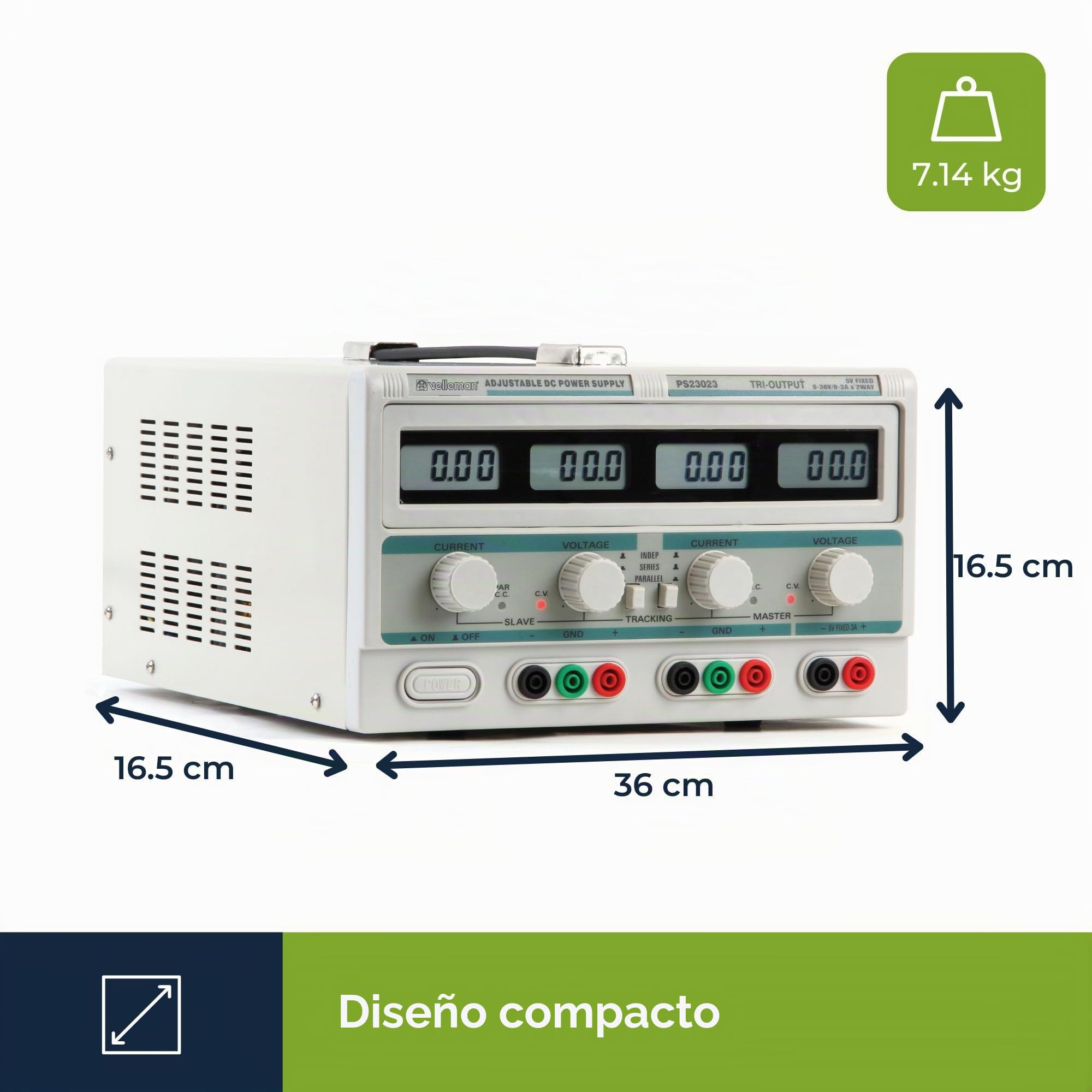 Velleman Suministro de Laboratorio, Ajustable, 2 x 0-30 VCC/0-3 A, + 5 VCC Fijo/3 A, limitación de Corriente, protección contra Cortocircuitos, 4 LCD, Pantallas Grises