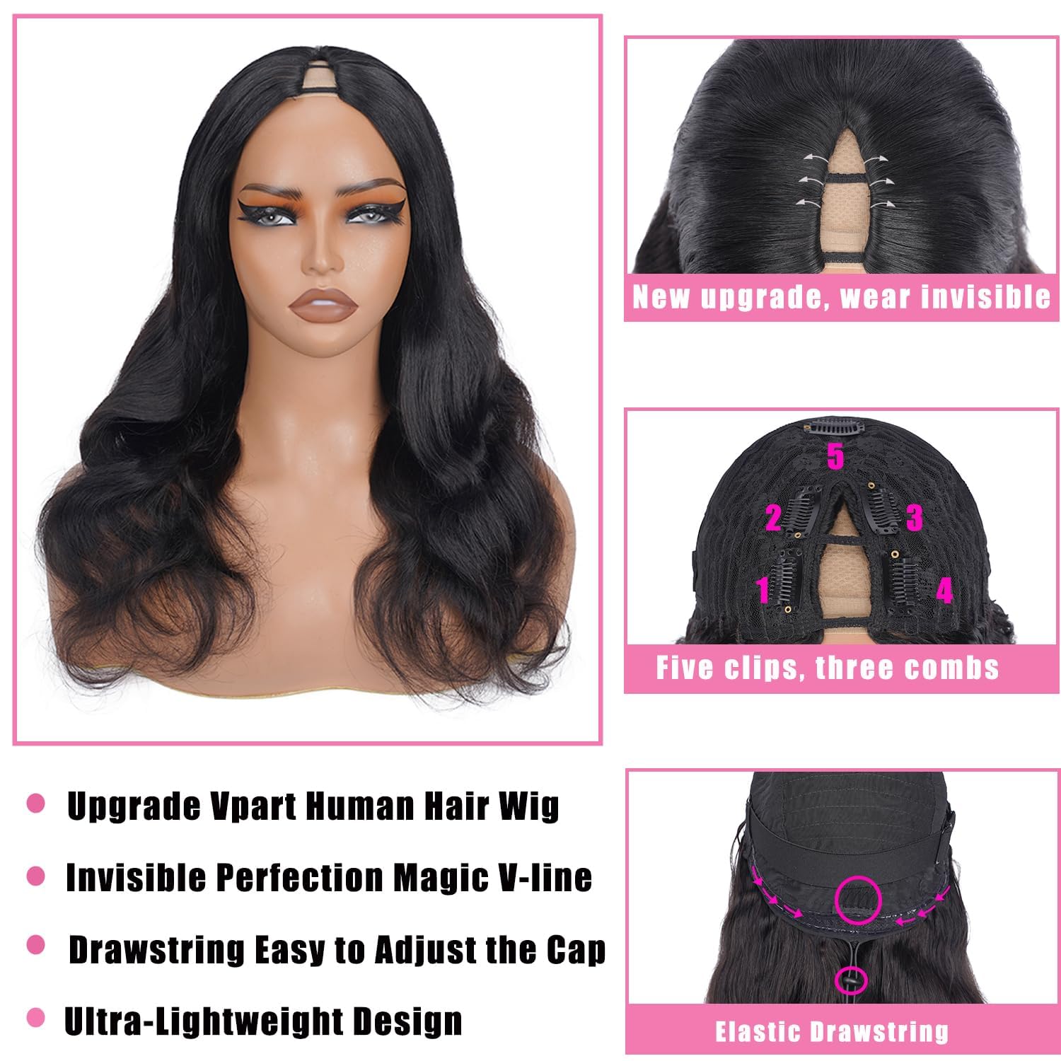 V Part Wig Human Hair Body Wave Upgrade Glueless Wigs Human Hair U part Vpart Human Hair Wig Beginner Friendly Real Hair wigs for Women 180% Density 18 Inch