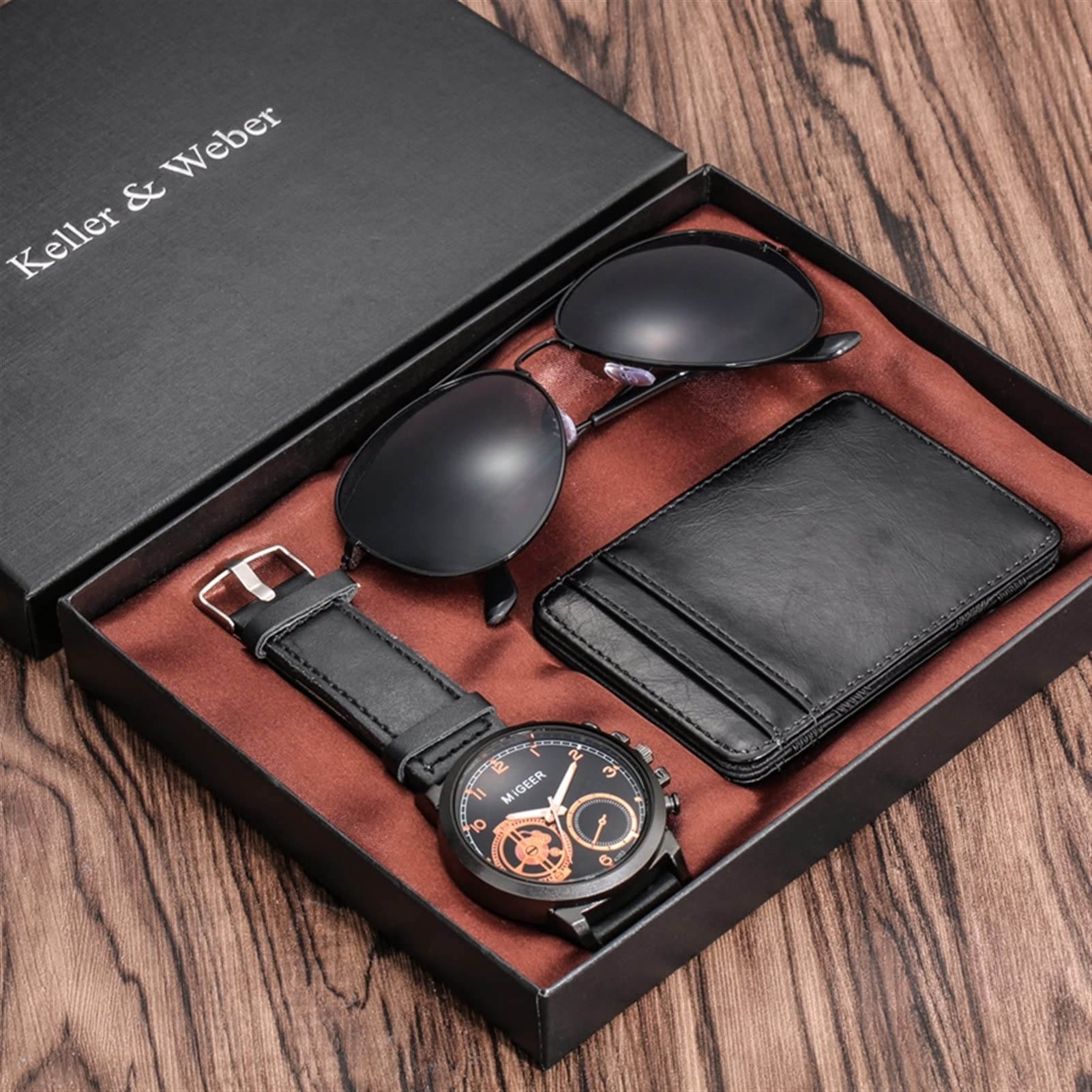 Rose Gold Męski Zegarek Skórzany Karta Uchwyt Kredytowy Portfel Moda Okulary Zestawy Dla Mężczyzn Unikalny prezent dla męża chłopaka Urodzinowe Prezenty Walentynkowe (Color : Watch sets 3)