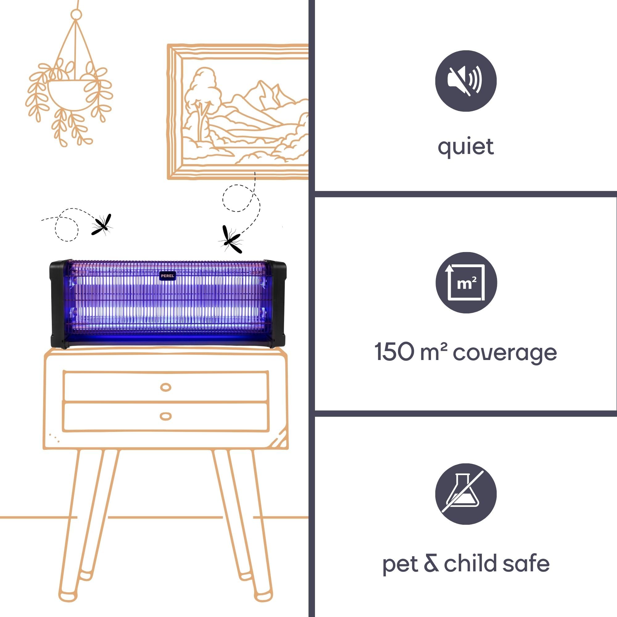 Perel Mata Insectos UV eléctrico Interior, Rejilla 2800V, Aparato silencioso con Bandeja metálica extraíble, Cobertura 150 m², Control sin químicos