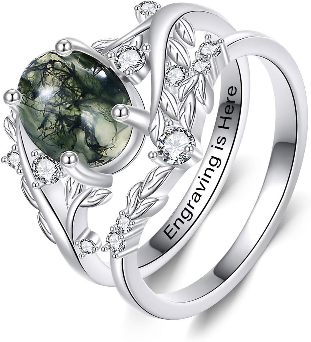 YFN Natural Moss Agate/Turquoise Ring Set for Women 925 Sterling Silver Promise Wedding Ring Jewelry Gift for Anniversary Birthday Valentine's Day Christmas