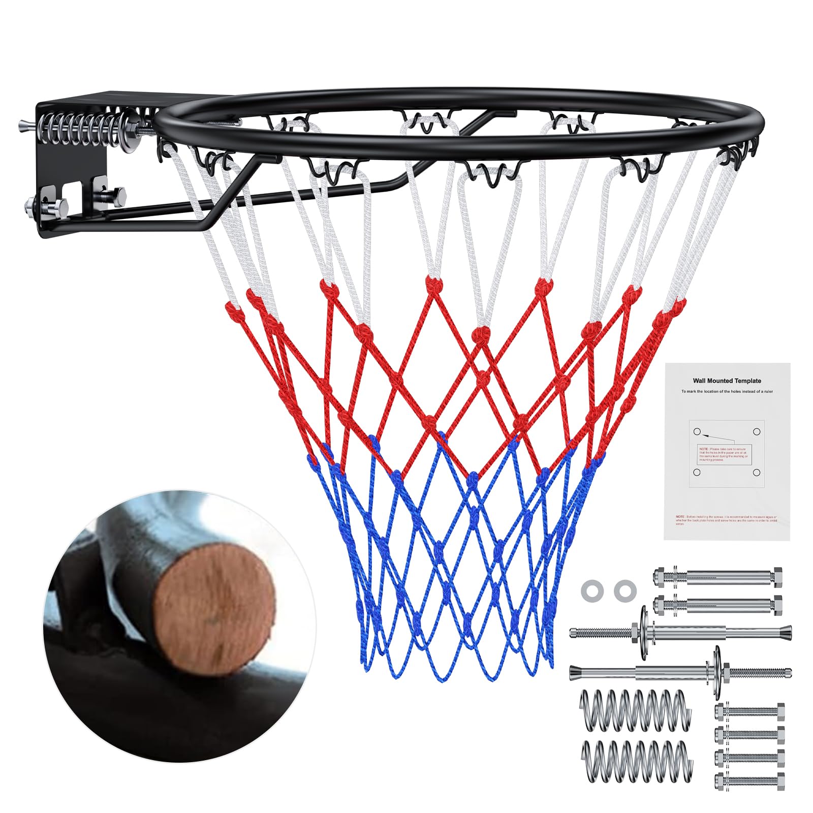 Arijam Massiver Basketballkorb Ø46 cm Ersatz Wand montiert Outdoor-Basketballkorb Heavy Duty Stahl Doppelter Feder-Rahmen Allwetter-Netz