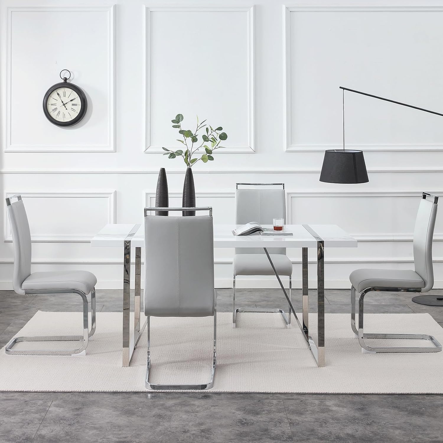 Ebullient Dining Room Table Set for 4，White Rectangular Kitchen Table and Leather Dining Chairs Set of 4, 5 Piece Dining Table Set，Modern Metal Frame Dining Room Table Set 4 with Metal Frame