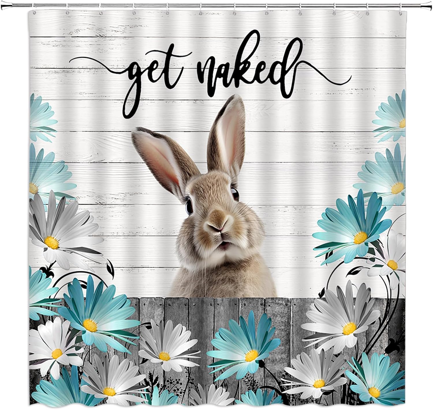 GCTNBJL Spring Easter Shower Curtain Bunny Teal Rustic Farmhouse Flower Cute Rabbit Barn Door Wooden Holiday Funny Bathroom Decor Fabric Curtain with Hooks
