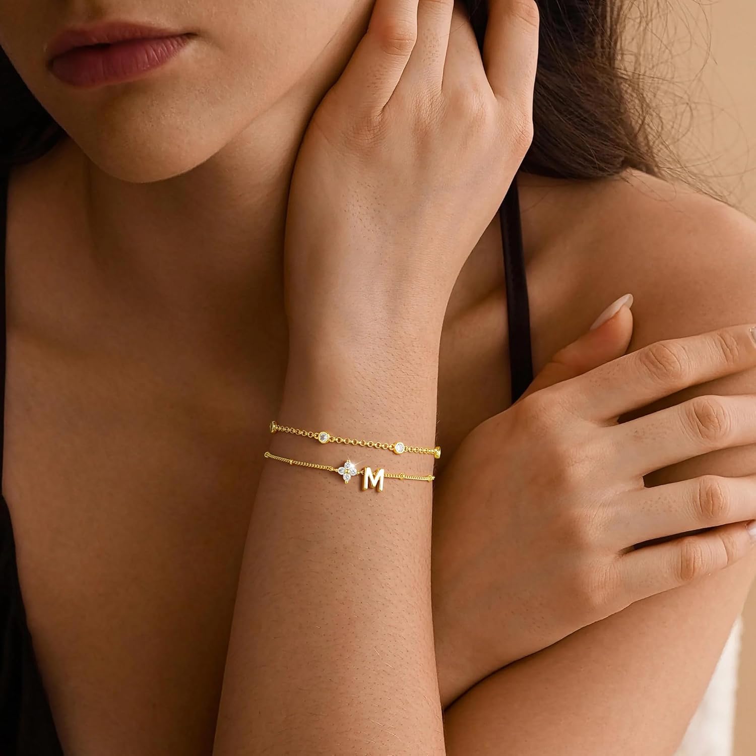 M MOOHAM Valentines Gifts for Women Teen Girls - 14K Gold Plated Initial Letter A-Z Bracelets for Women Trendy, Layered Link Charm Bracelet Anniversary Birthday Personalized Jewelry Gift - Image 4