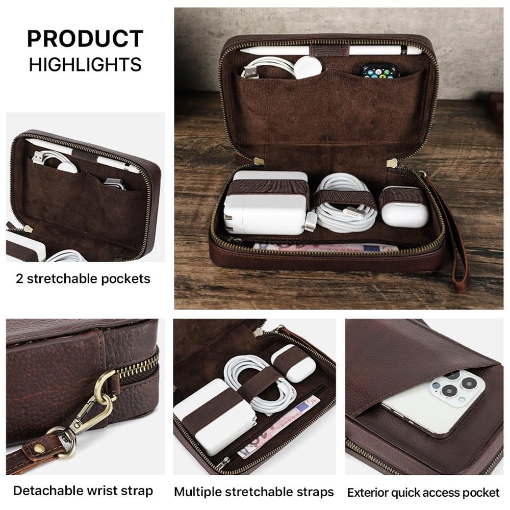 Custodia organizer for cavi da viaggio in pelle Accessori elettronici multifunzionali Borsa da trasporto con cerniere Borsa tecnica for cavi, Power Bank