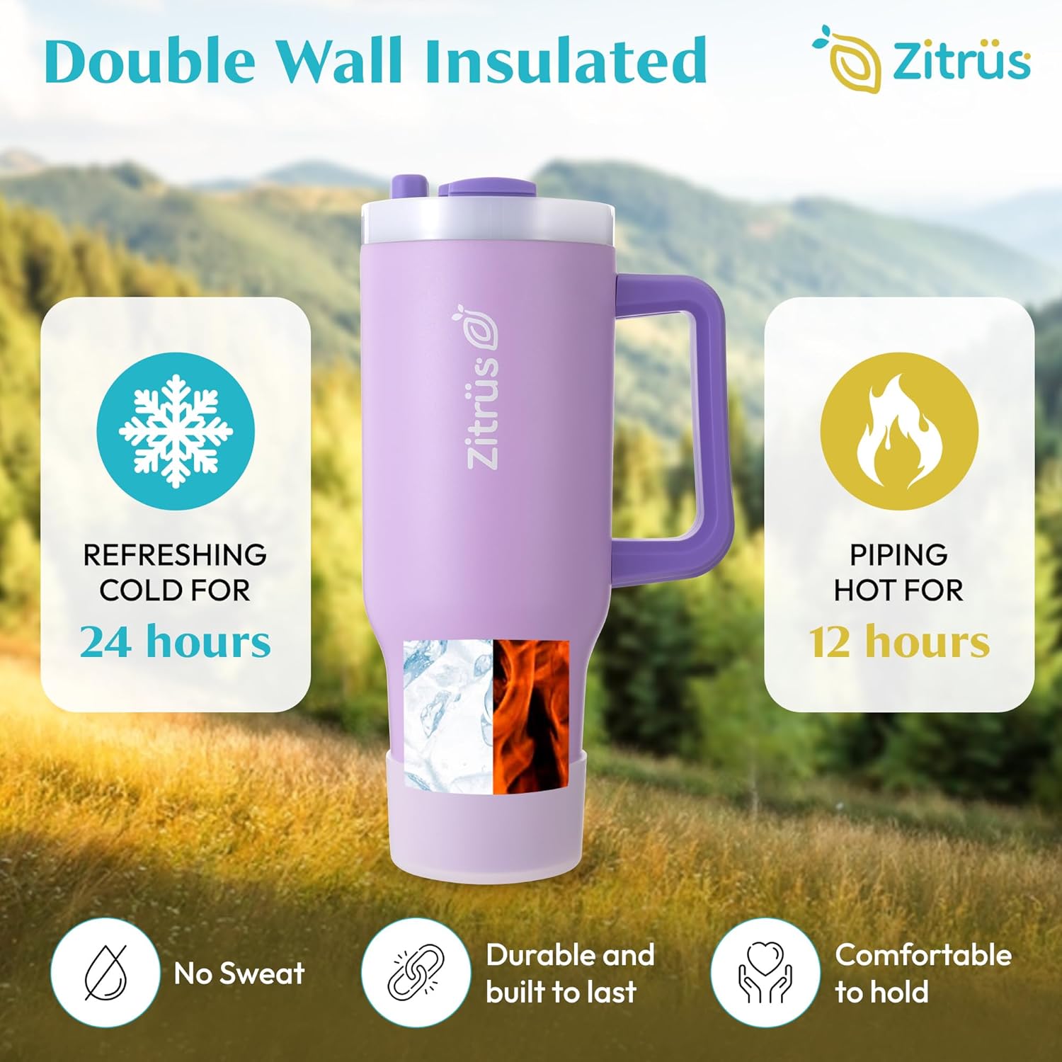 40 oz Tumbler with Handle and Straw | Leak Proof Insulated Stainless Steel Water Bottle Travel Mug Fits in Cup Holder | Keeps Cold Hot | Gifts for Women Men Him Her (Violet, 40 oz) thumbnail