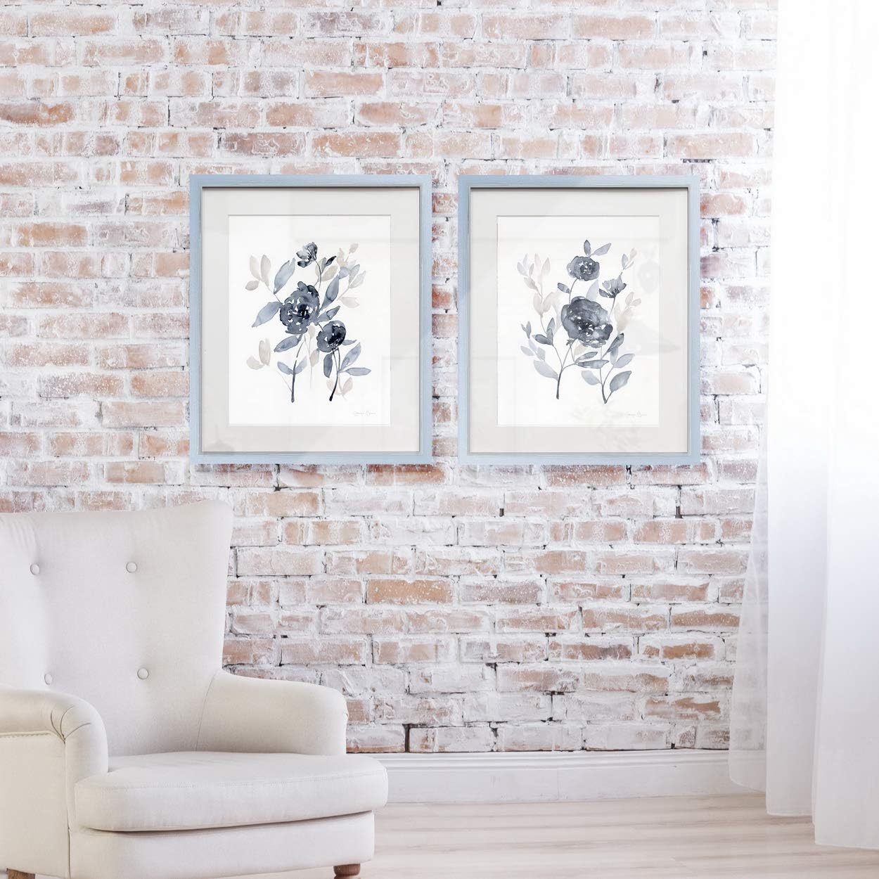 Renditions Gallery Peonies in Blue 2 Framed Artwork Set, Peaceful Botanical Leaf Art, Watercolor Blue & Grey, Silver Frame, White Mat & Plexiglass, 16 In W X 20 In H, Made in America