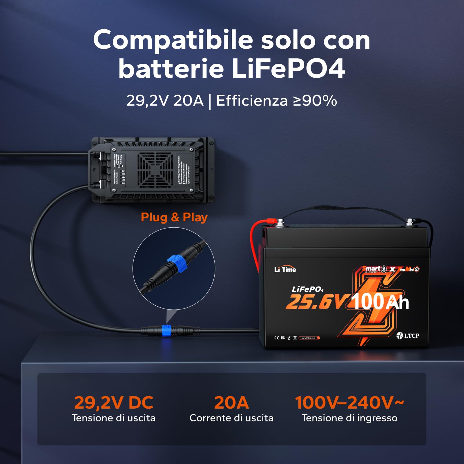LiTime Caricabatterie LiFePO4 24V 20A, Caricatore Batteria Litio 24 Volt IP67 Impermeabile con Attivazione Batteria, Caricatore Intelligente AC-DC a 3 Stadi per Camper, Barca e Sistema Solare