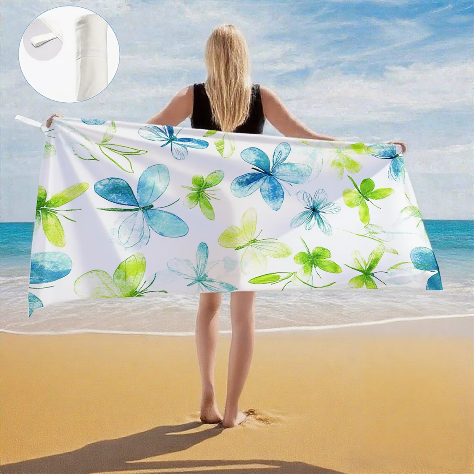 Strandtuch Grün Mikrofaser Strandtuch XXL 220x100 2 Set, Strandhandtuch mit Sandfrei, Schnelltrocknend, Absorbierend, handtücher groß für Badezimmer, Strand, Schwimmen, Geschenke für Männer Q-440