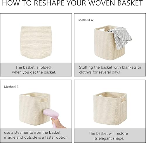 Miniatura 6 de UBBCARE Juego de 3 cestas de cuerda de algodón de 13 x 13 x 13 pulgadas, cestas de almacenamiento tejidas para estantes, organización con asas,