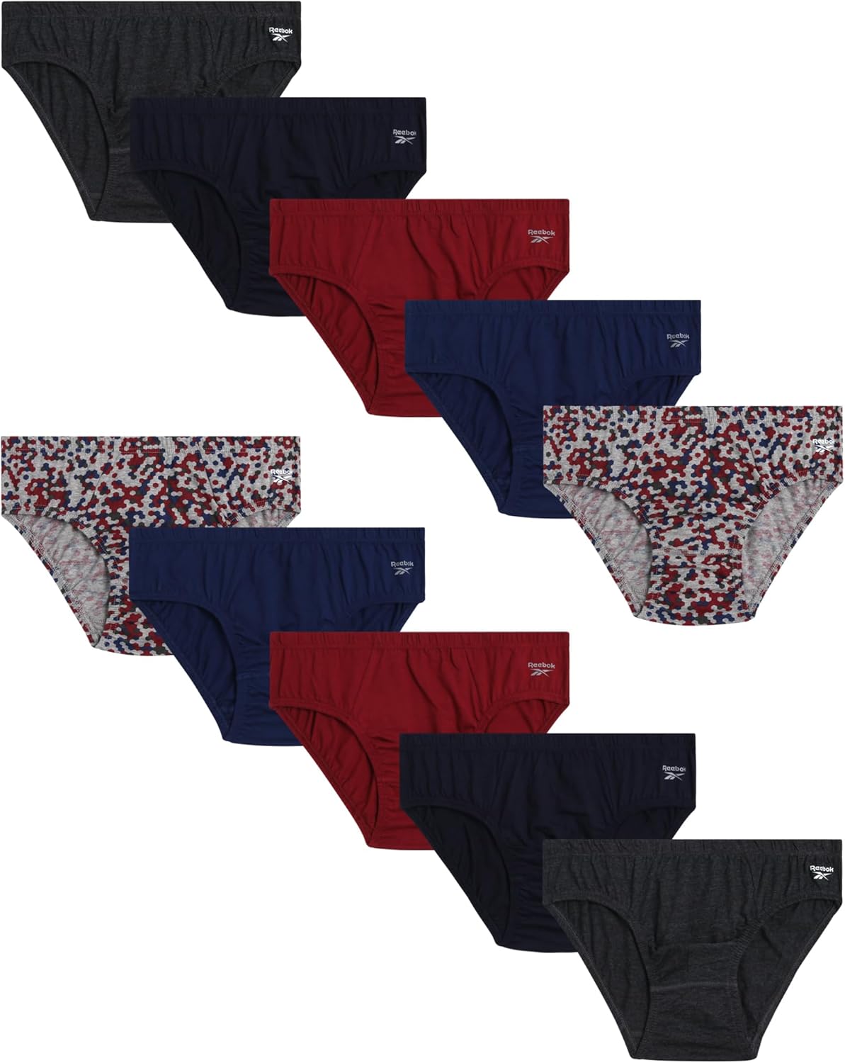 Reebok Mens Low Rise Briefs - 10 Pack Soft Mens Cotton Underwear Briefs with Supportive Contour Pouch for Everyday Wear