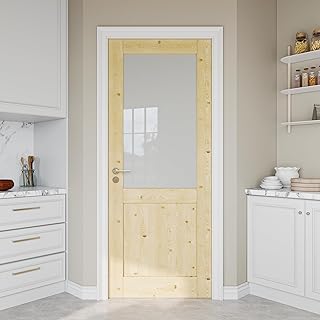 32" x 80" Pine Wood Slab Door, Half Frosted Glass Interior Doors, Single Room Door for Closet & Bedroom, Farmhouse Style as Prehung, Pocket, Bifold, Barn Doors, Easy DIY Stain, Shaker w/o Hardware