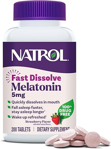 Natrol Tabletas de melatonina de 5 mg de disolución rápida, suplementos de apoyo para el sueño para adultos, sabor a fresa, 200 tabletas, suministro
