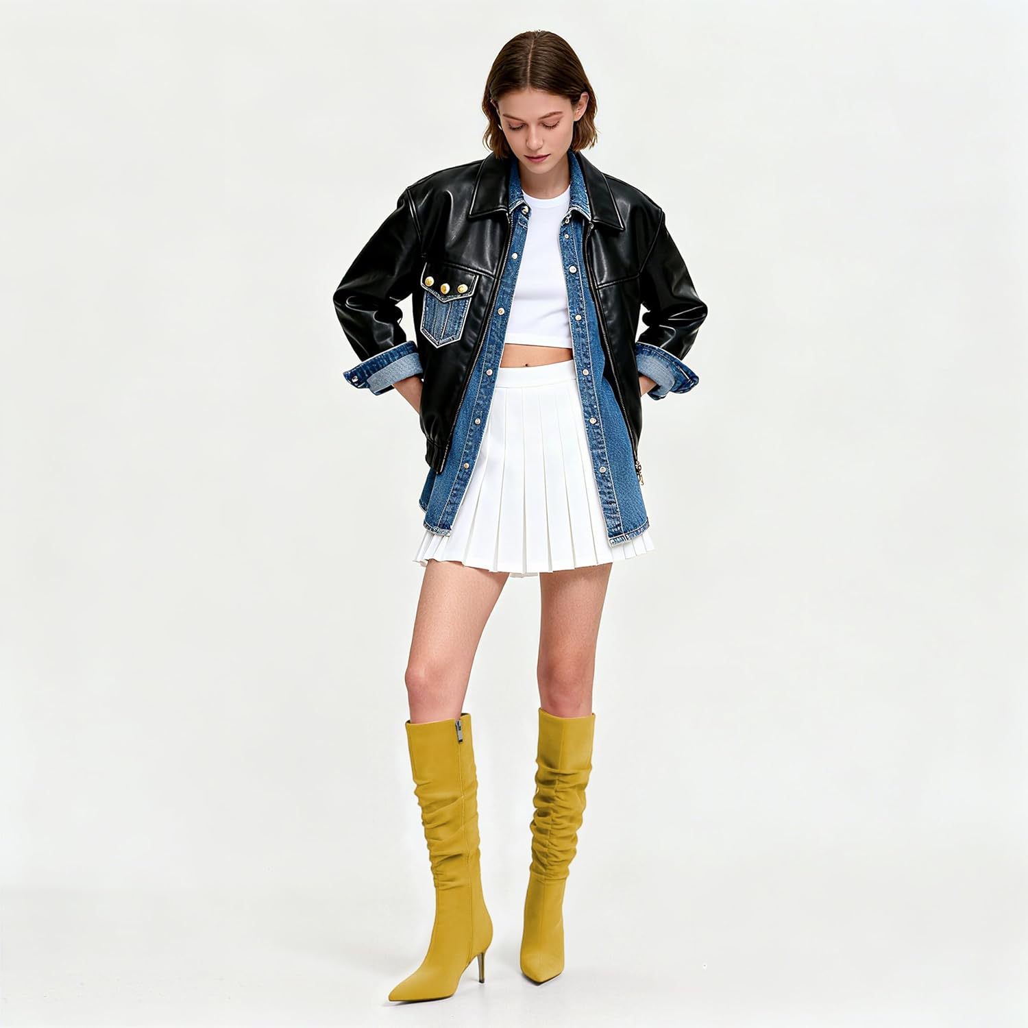 AUMOTED Womens Slouchy Knee High Boots Mid Calf Boots Kitten Heel Pointed Toe 2.5 Inch Heeled Boots - Image 4