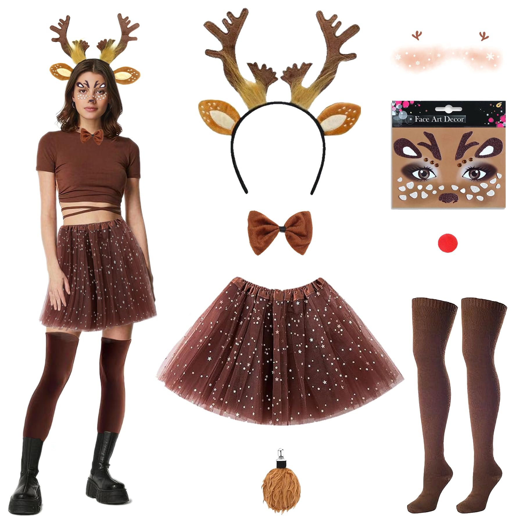 LUKlUP 7 Stück Reh Kostüm Damen, Enthalten Rentier Haarreif, Tüllrock, Gesichtsaufkleber, Rouge, Socken Weihnachten, Bogen für Karneval und Rollenspiele, for Halloween Christmas