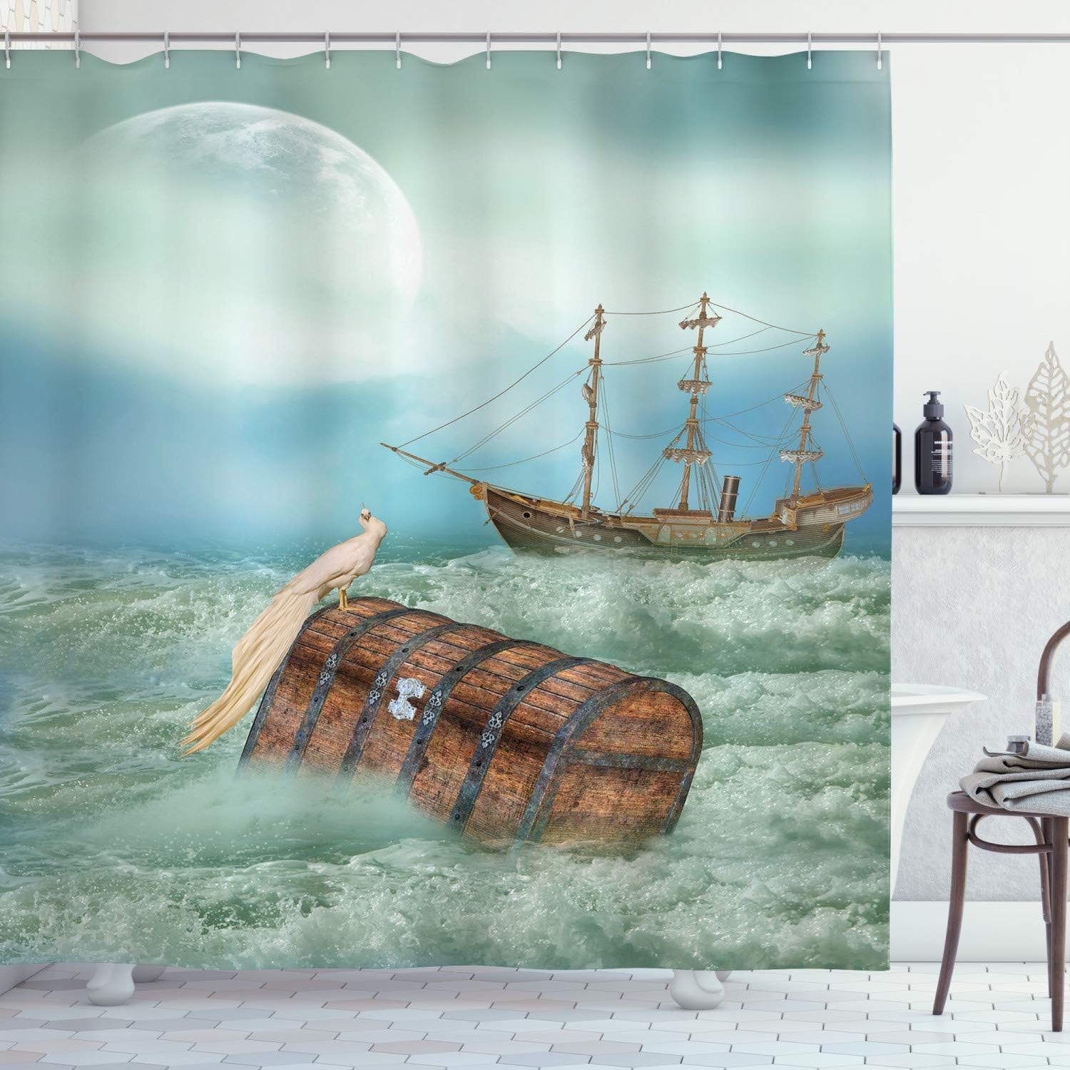Ambesonne Fantasy Shower Curtain, Antique Old Trunk in Ocean Waves Magic Bird Pirate Boat Fantastic Adventure Art Abstract Picture, Fabric Bathroom Decor Set with Hooks, 69" W x 70" L, Caramel Mint