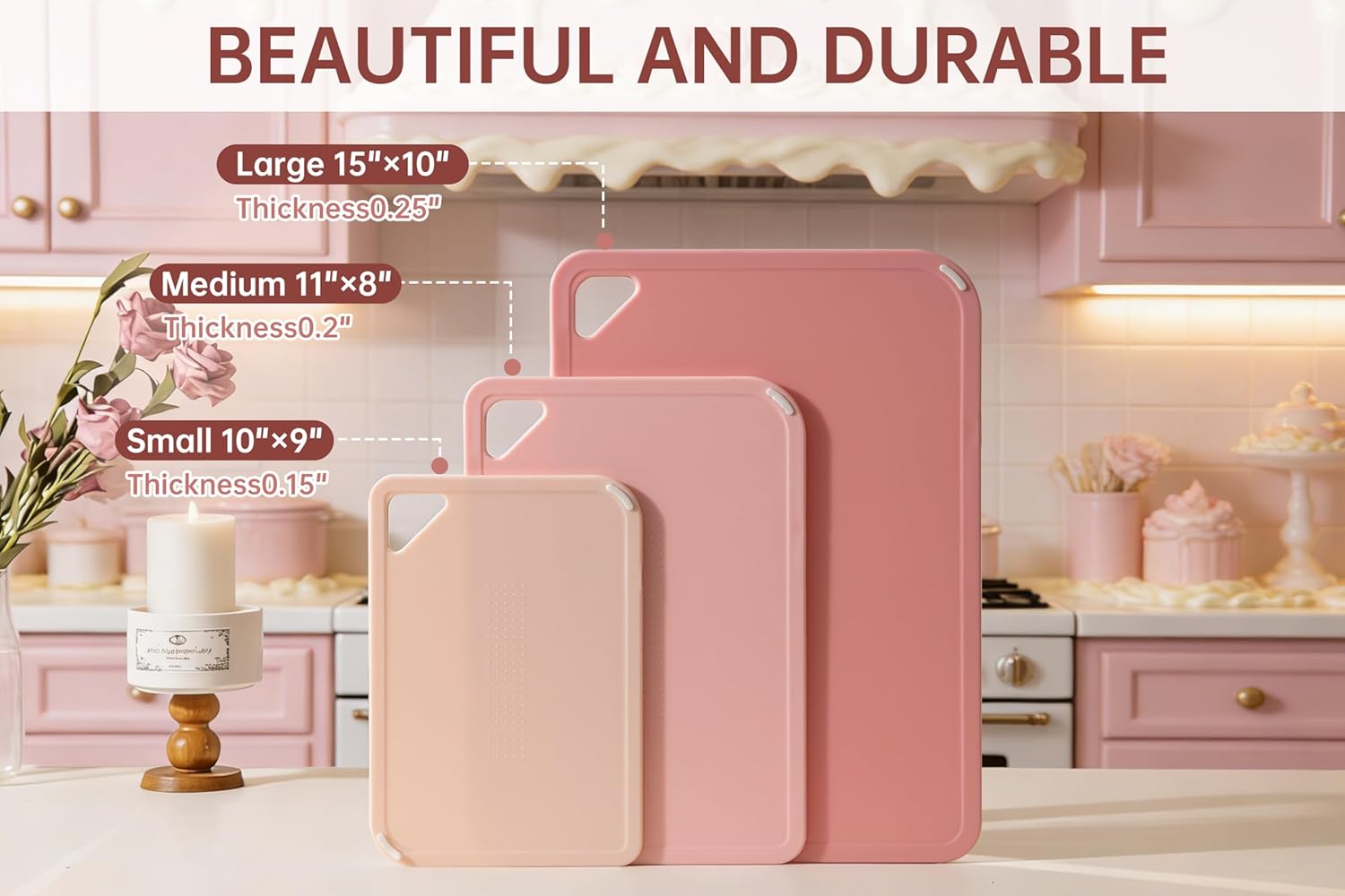 THETCHRY Plastic Cutting Board Set, Pink Cutting Board with Non-slip, Cutting Board for Kitchen Set of 3, Dishwasher Safe, BPA Free, Reversible, with Grip Handle, Pink 15"L x 10"W Pink 3