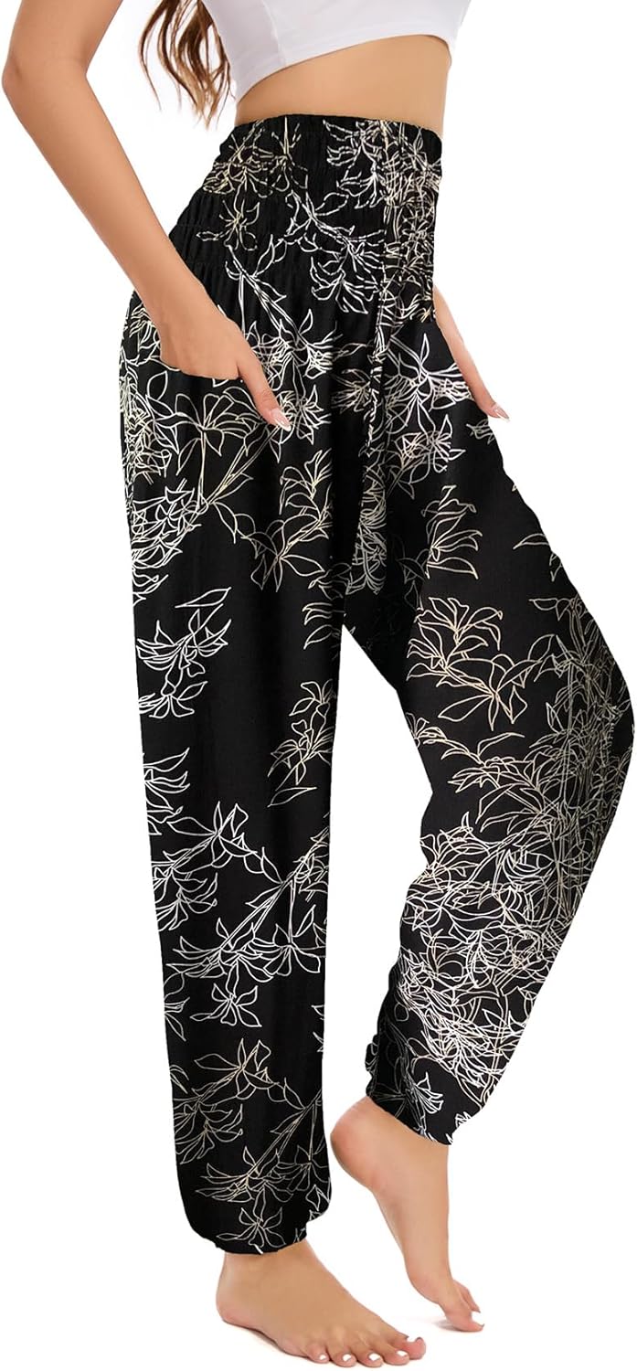 Women's Boho Harem Pants with Pockets, Smocked High Waist Hippie Flowy Trousers, Comfy Bohemian Clothes for Yoga