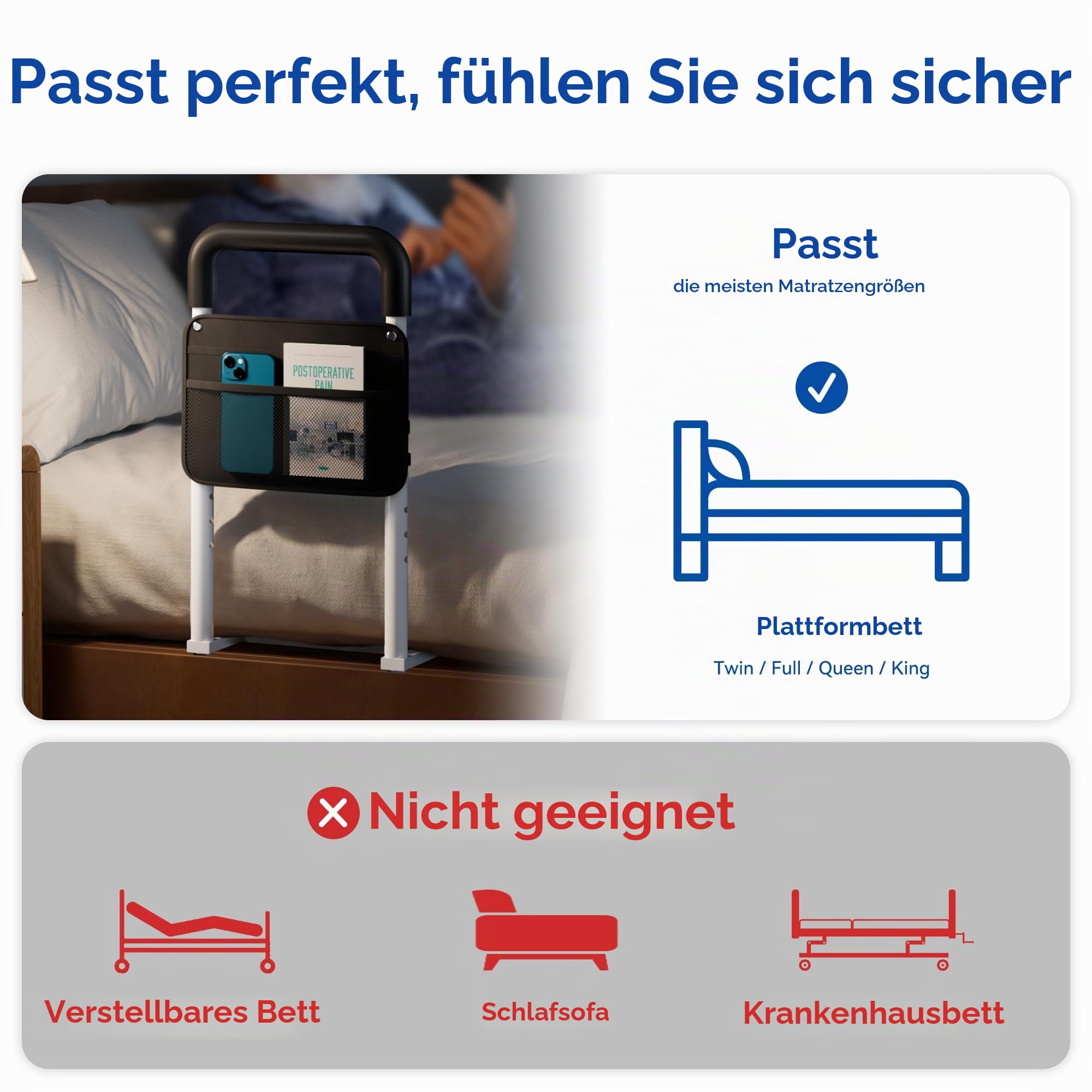 Bettgitter für Erwachsene, höhenverstellbar, Flachrohr-Design, mit Aufbewahrungstasche und rutschfestem Griff, Bettstütze zum sicheren EIN- und Aussteigen, belastbar bis 136 kg